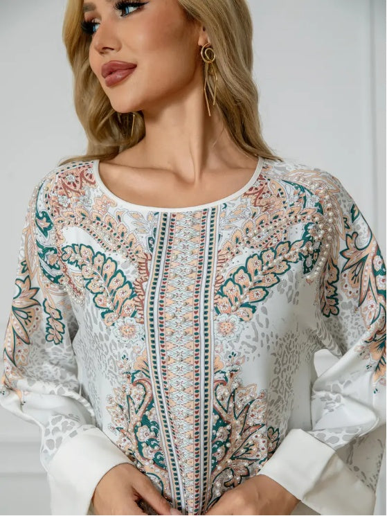 SabrinaBloom™ – Abaya Élégante à Fleurs Longues Manches