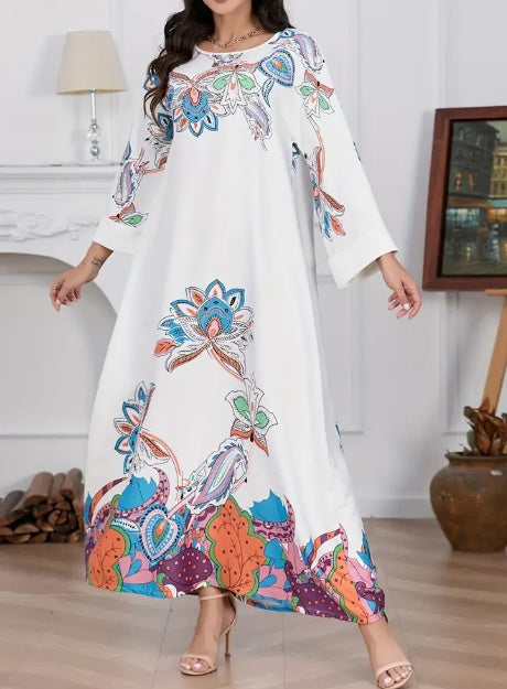 SerenaBloom™ – Robe Abaya à Manches Longues avec Imprimé Floral Élégant